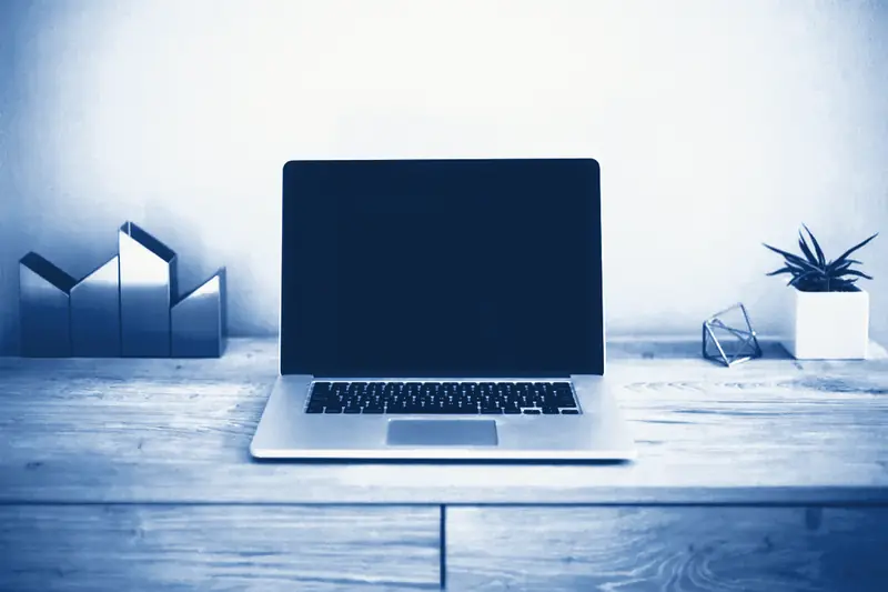 A laptop on a wooden desk, with a small plant and ornaments either side, printed in Prussian blue.
