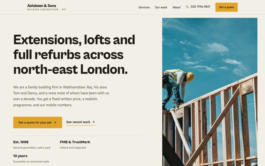 Home page of Ashdown & Sons, a Walthamstow building firm site with a quote pipeline and office admin, built by Towpath Studio