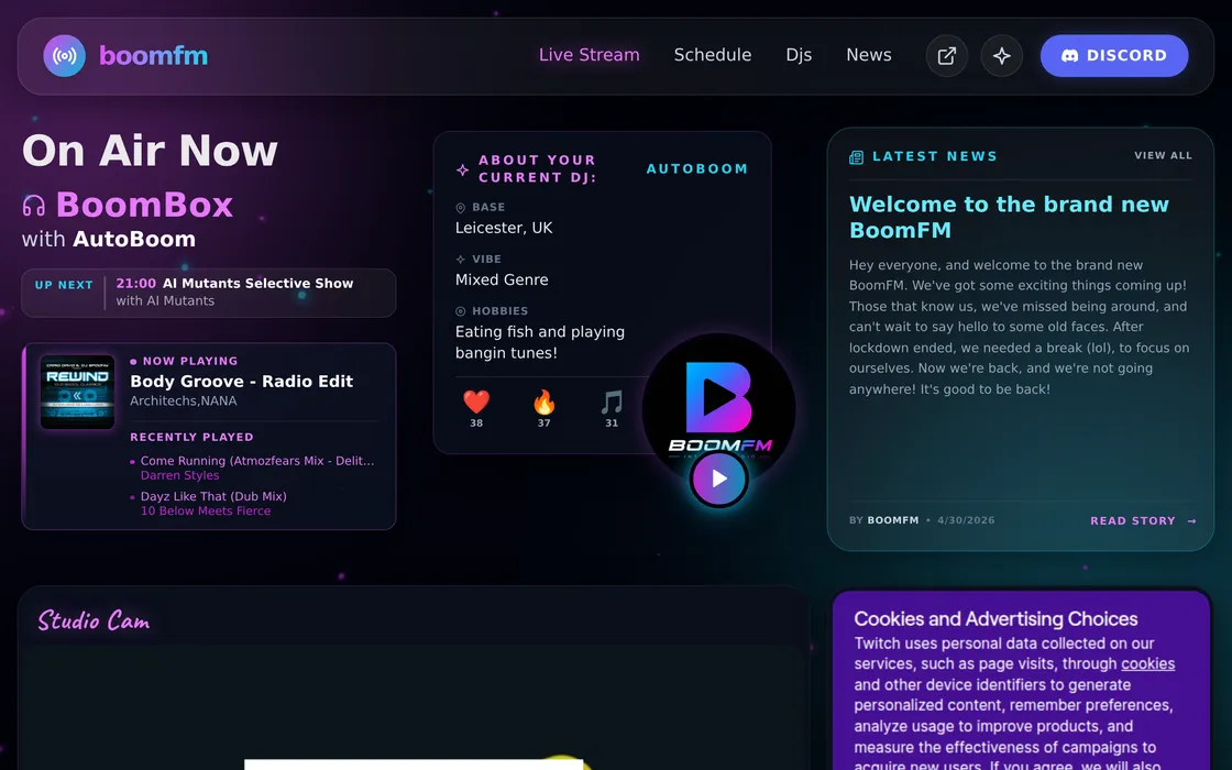 Home page of Boom FM, a live online radio station that streams in the browser, built by Towpath Studio