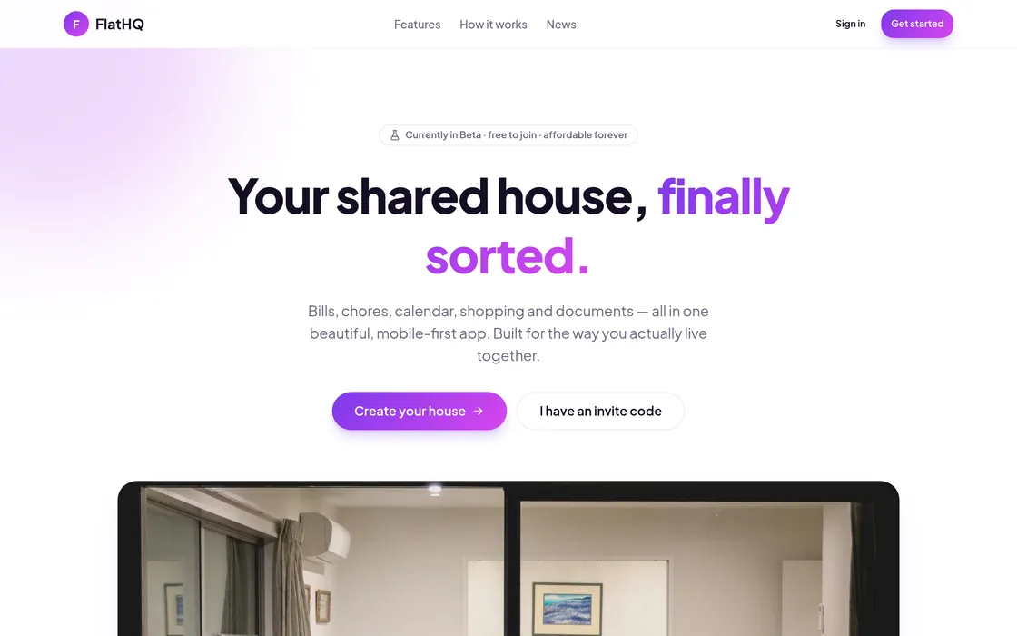Home page of FlatHQ, a mobile-first app for sharing bills, chores and lists in a houseshare, built by Towpath Studio