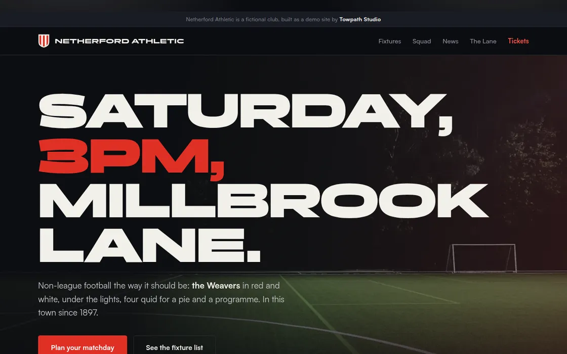 Home page of Netherford Athletic FC, a matchday-first football club site with fixtures, squad and club news, built by Towpath Studio