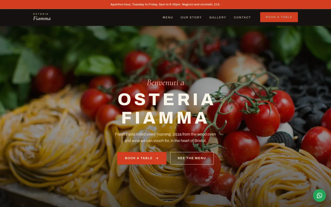 Home page of Osteria Fiamma, an Italian restaurant site with live table bookings, built by Towpath Studio