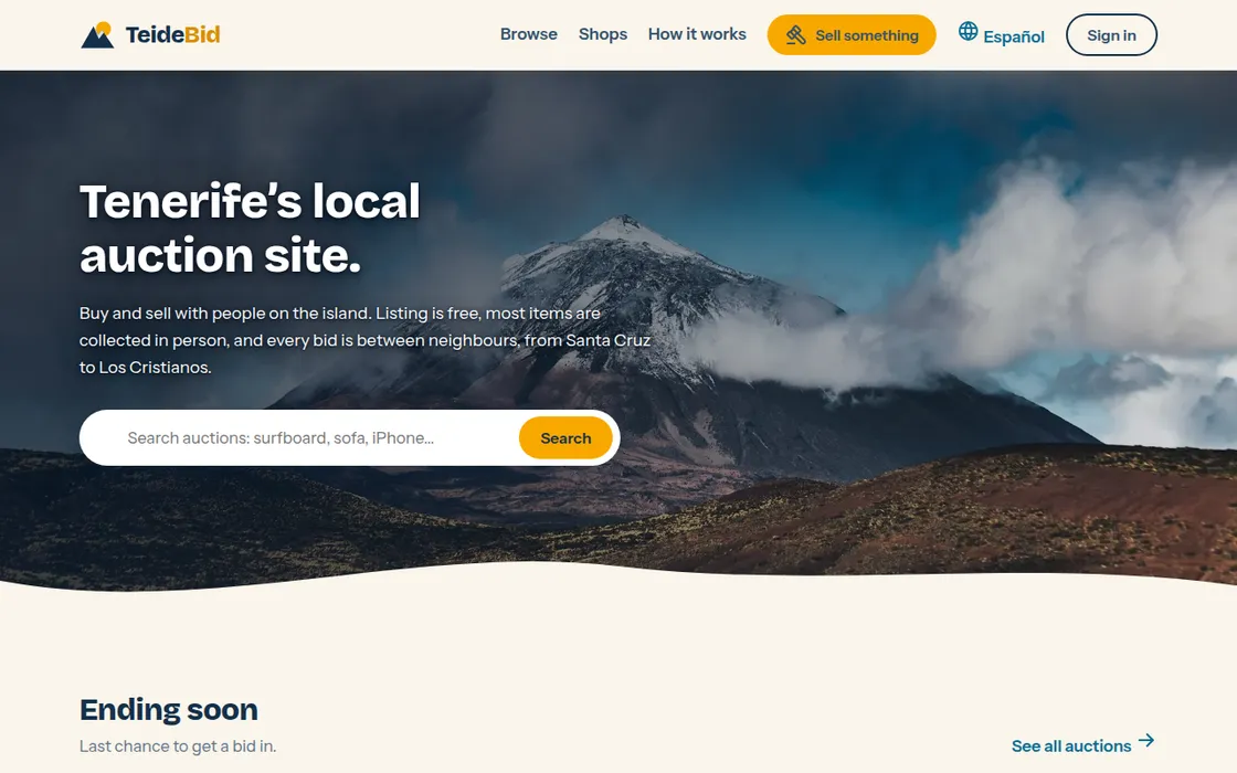Home page of TeideBid, a bilingual auction marketplace for Tenerife with live bidding and Stripe payments, built and run by Towpath Studio