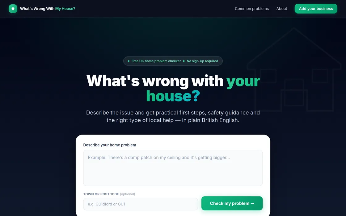 Home page of What's Wrong With My House?, a plain-English home-problem checker, built by Towpath Studio