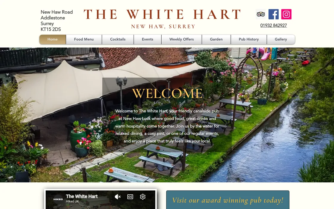 Home page of The White Hart, a canalside pub in New Haw, Surrey, designed by Towpath Studio