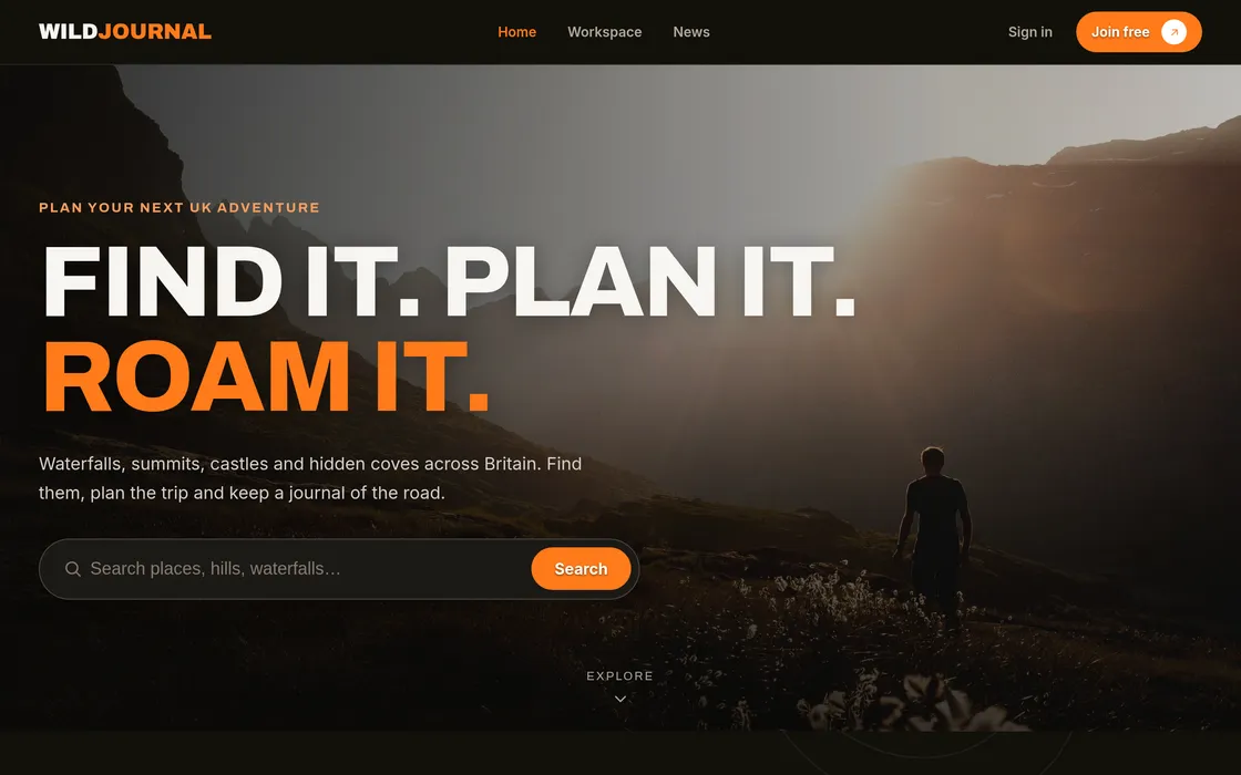 Home page of Wild Journal, a trip-planning travel app for wild places across Britain, built by Towpath Studio