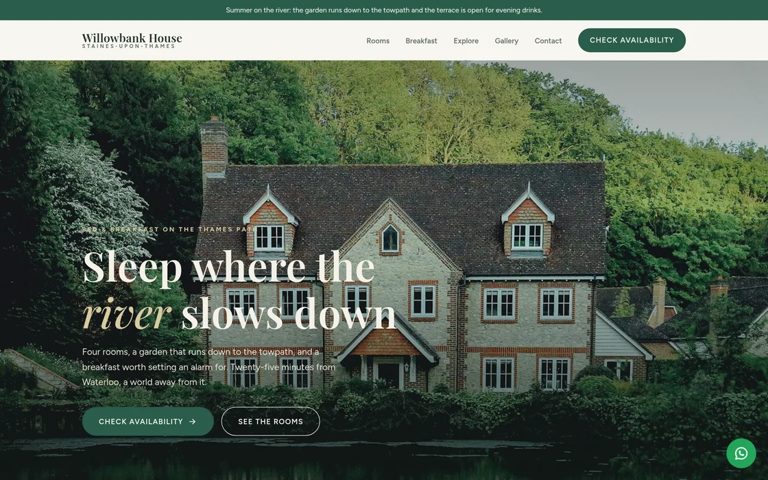 Home page of Willowbank House, a riverside bed and breakfast site with live room booking, built by Towpath Studio